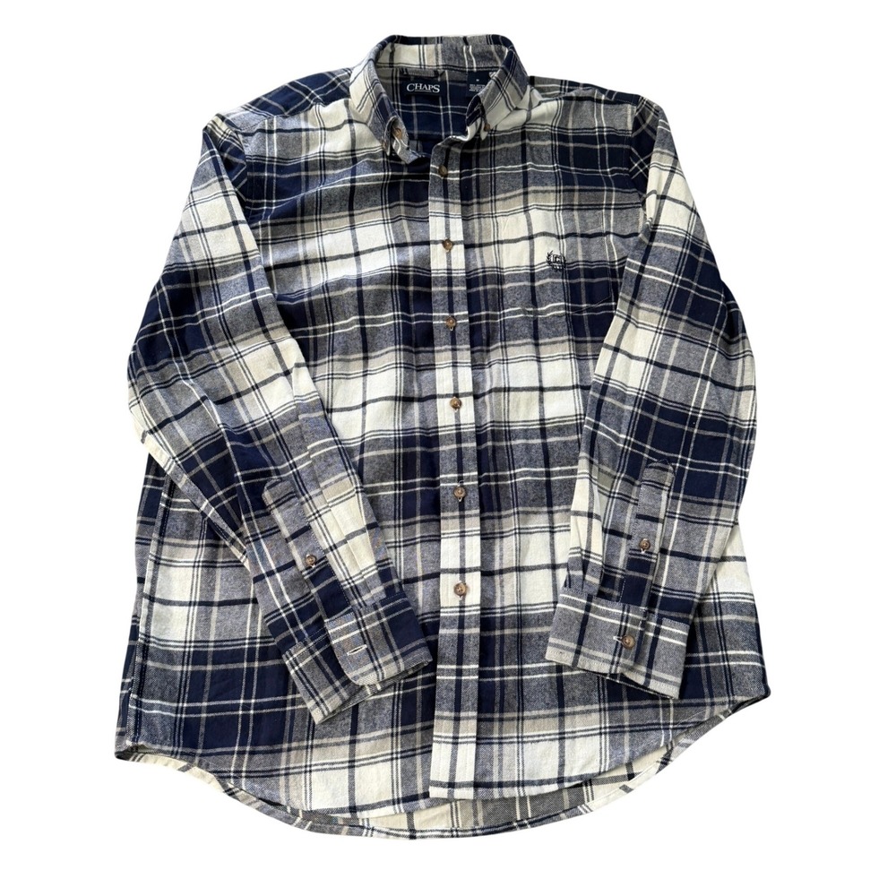 CHAPS Mens Plaid Flannel Shirt Medium Blue Cream Button Front Cotton NWOT